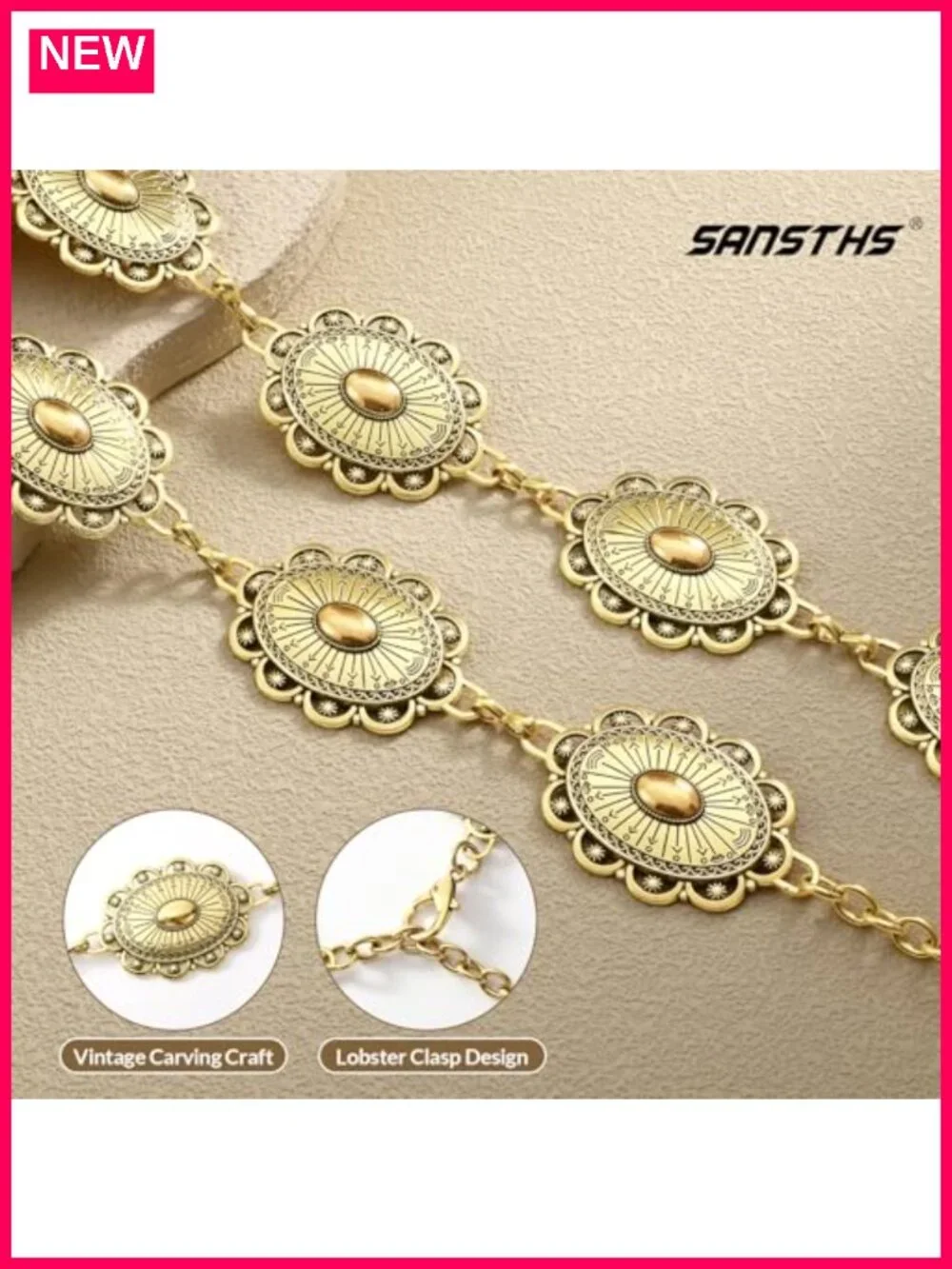 Women Western Concho Belt Cowgirl Boho Chain Belt Country Concert Metal Belt